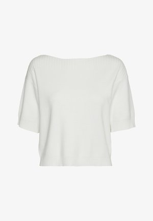 Suéter blanco de punto con mangas cortas y un cuello amplio de canalé. Textura suave, corte relajado y puños acanalados en las aberturas de las mangas y en el dobladillo.
