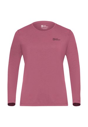 Maglietta sportiva a maniche lunghe, collo rotondo, di colore mauve con il logo Jack Wolfskin sul lato sinistro del petto e all'interno del colletto.