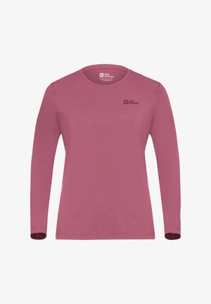 Langsleeve, ronde hals, mauve sportshirt met Jack Wolfskin-logo op de linkerborst en binnenste kraag.