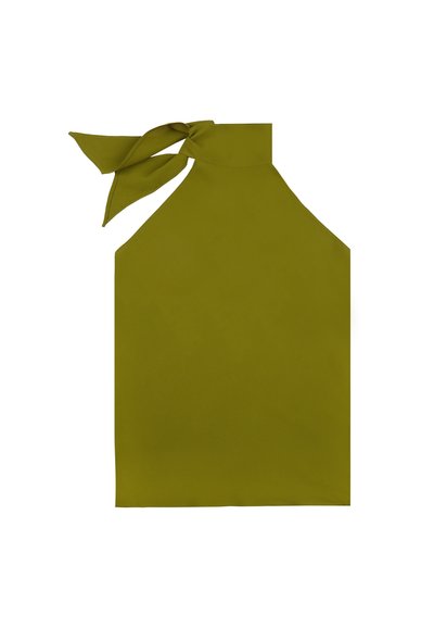 Haut halter vert olive en tissu léger, avec un détail de nouage au cou, texture lisse et design minimaliste.