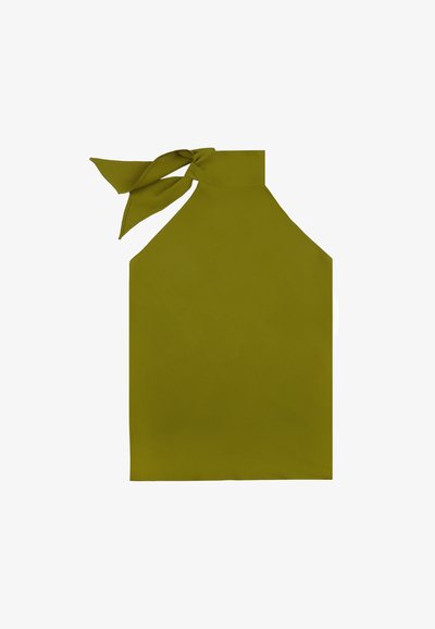 Haut halter vert olive en tissu léger, avec un détail de nouage au cou, texture lisse et design minimaliste.