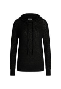 Zwarte gebreide pullover met een capuchon, met een losse pasvorm, lange mouwen en trekkoorden. Gelaagde stof met een subtiel patroon.
