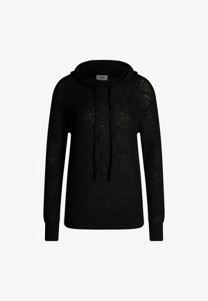 Schwarzer gestrickter Pullover mit Kapuze, lockerer Schnitt, langen Ärmeln und Kordelzügen. Strukturierter Stoff mit subtilem Muster.