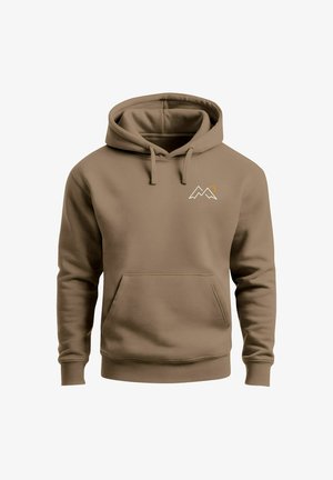 Brown hoodie sweatshirt made from soft material, featuring a front kangaroo pocket and a small mountain logo in white and orange.