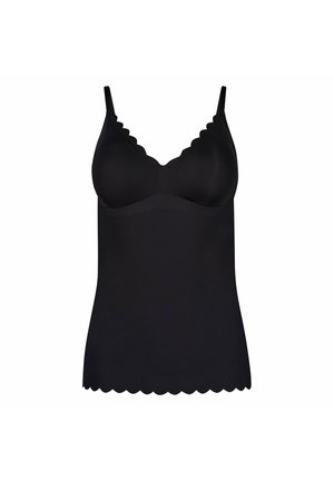 Zwarte naadloze hemd met geschulpte randen bij de halslijn en zoom, voorzien van dunne verstelbare schouderbandjes.