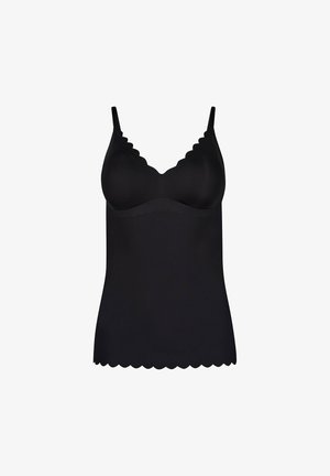 Zwarte naadloze hemd met geschulpte randen bij de halslijn en zoom, voorzien van dunne verstelbare schouderbandjes.