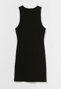 Robe noire sans manches à côtes, avec un col rond, une silhouette ajustée et une texture lisse. Design simple et uniforme.