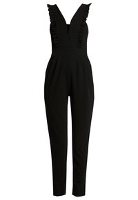 Mono negro con escote en V, tirantes de hombro con volantes y una parte superior ajustada. Presenta piernas acampanadas y detalles plisados para mayor textura.