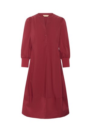 Vestido burdeos de botones con cuello en V, mangas largas abullonadas y puños acanalados. Tejido suave y ligero con una silueta entallada.