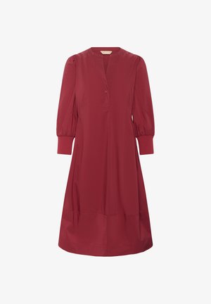 Mörkröd skjortklänning med V-ringning, långa puffärmar och ribbade muddar. Slät, lättviktsmaterial med en avsmalnande silhuett.