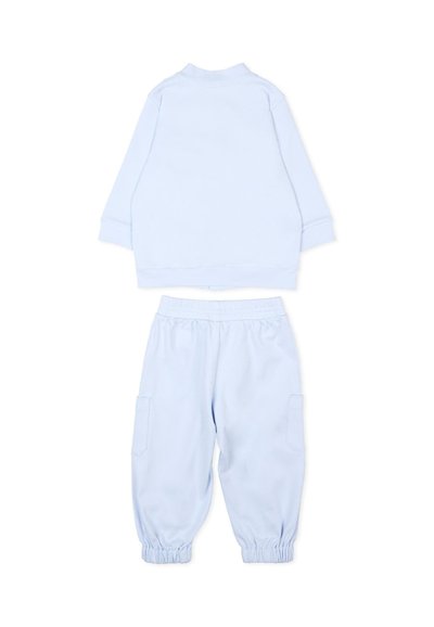 Ensemble sweat-shirt et pantalon de jogging bleu clair taille tout-petit, avec poignets élastiques et poches latérales, présenté à plat sur fond blanc.
