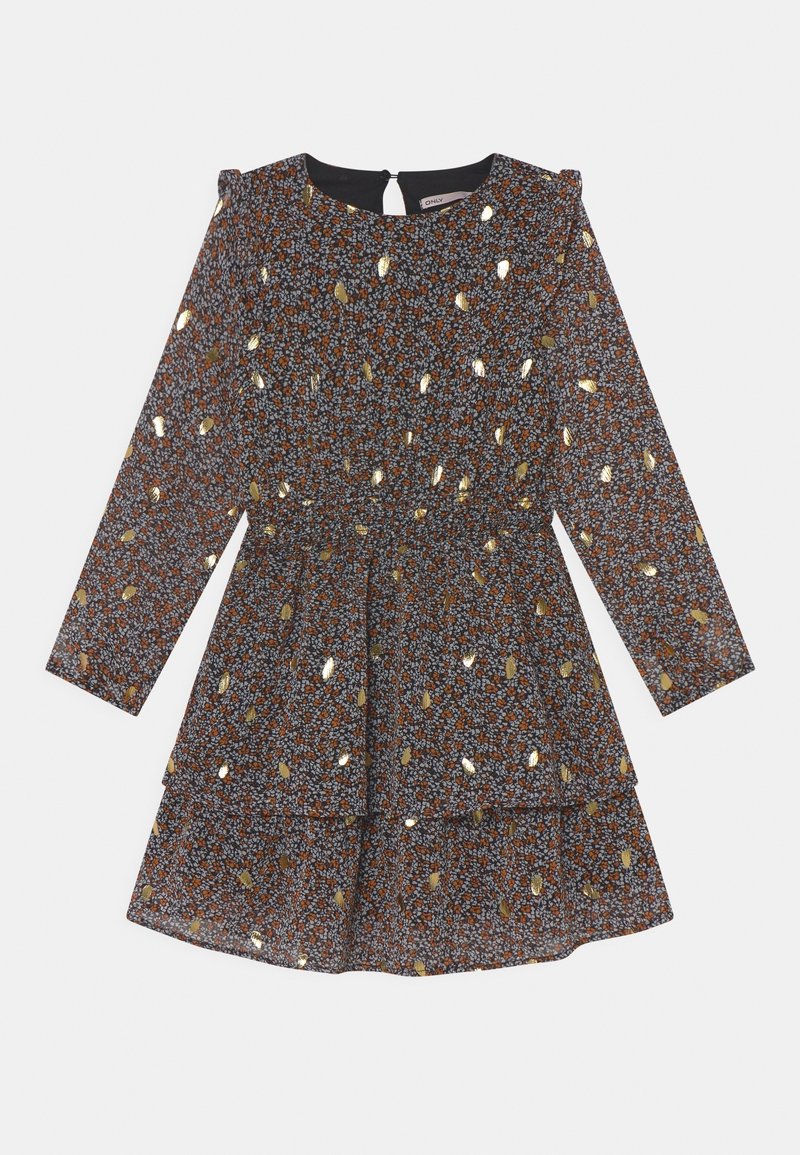 Robe noire à manches longues avec un petit motif floral bleu et orange et des accents de feuilles métalliques dorées dispersés, dos avec ouverture en trou de serrure et taille froncée.