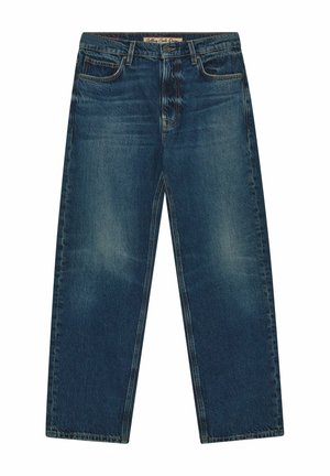 Blå straight-leg denimjeans med forlommer, bæltestropper, knap og lynlås, vist fladt på en hvid baggrund.
