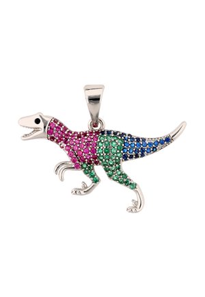 Ezüst dinoszaurusz alakú medál rózsaszín, zöld és kék drágakövekkel díszítve, nyitott szájat ábrázolva, lánchoz csatlakoztatható akasztóval.