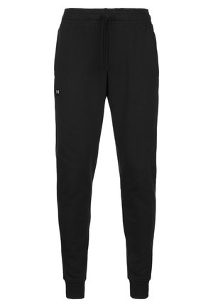 Schwarze, schmal zulaufende Sweatpants mit elastischem Bund und Kordelzug, versehen mit einem kleinen Under Armour Logo auf dem linken Oberschenkel.