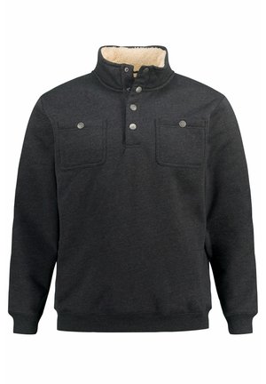 Ciemnoszary sweter z wysokim kołnierzem, dwoma kieszeniami na piersi i miękką, kremową podszewką. Posiada zapinanie na guziki i prążkowane mankiety.