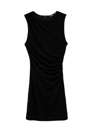 Robe noire sans manches avec drapé froncé sur le devant, réalisée en tissu doux, dotée d'une fermeture éclair à l'arrière.
