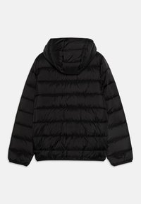 Black hooded puffer jacket with horizontal quilted sections, smooth texture, and elastic cuffs. Designed for warmth and comfort.