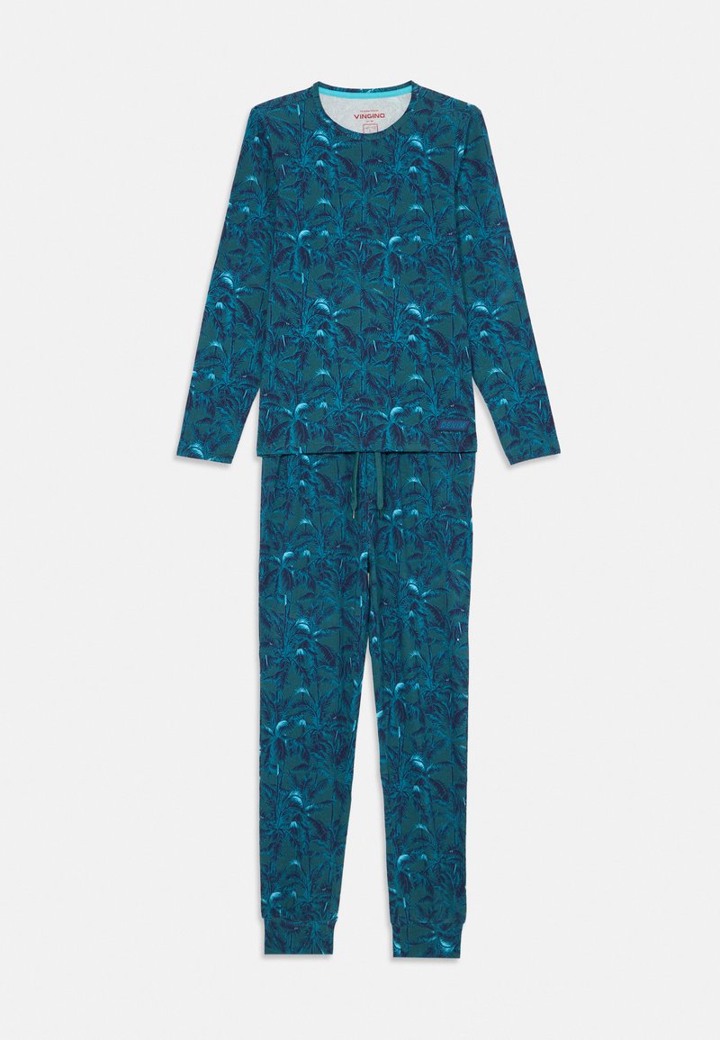 Ensemble de pyjama teal comprenant des manches longues et un pantalon, orné d'un motif de fougères et de fleurs. Fabriqué en tissu doux et respirant avec une taille élastique.