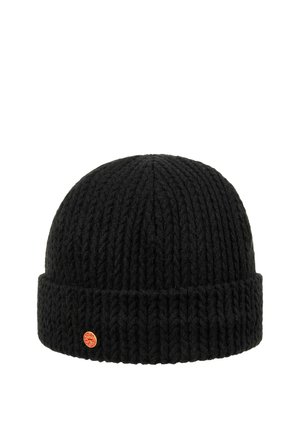 Black ribbed knit beanie with a folded cuff and a small round red and gold logo tag on the cuff's front side.