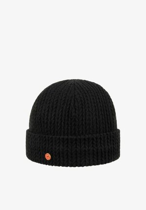 Black ribbed knit beanie with a folded cuff and a small round red and gold logo tag on the cuff's front side.