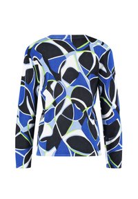 Långärmad tröja med ett livfullt abstrakt mönster i blått, svart och vitt, med gröna accenter och en mjuk tygstruktur.