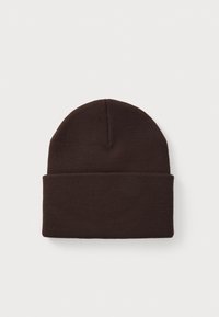 Brown knitted beanie hat with a folded brim and a smooth texture. The design is seamless with a rounded top and simple construction.