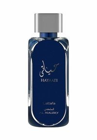 Lasiipullo, jossa on suorakaiteen muotoinen rakenne, tummansininen muotoilu, hopeinen korkki ja kohokuvioitu teksti arabiaksi ja englanniksi. Sileä pinnan viimeistely.