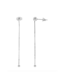 Orecchini in argento con un top esagonale, catena a serpente sottile e piccole estremità sferiche. Il design è minimalista e elegante.