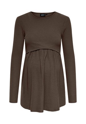 Langærmet graviditetstopp i mørkebrun ribbet stof med tætsiddende overdel og udvidet skørt med rynk under busten.