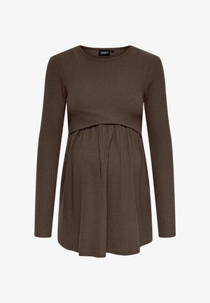 Langærmet graviditetstopp i mørkebrun ribbet stof med tætsiddende overdel og udvidet skørt med rynk under busten.