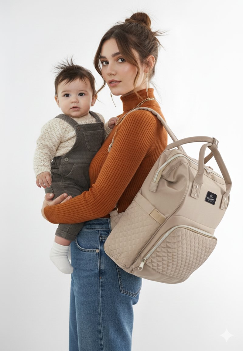 Zaino beige trapuntato con cerniera laterale, indossato sulla spalla. Il soggetto tiene in braccio un neonato con salopette grigia e maglione crema. Sfondo bianco.