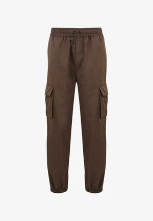 Pantaloni cargo marroni in cotone, con vita elastica, cordoncino e diverse tasche laterali. Orli risvoltati per un fit affusolato.
