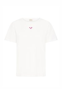 Fehér rövid ujjú pamut póló, melynek mellrészén három apró rózsaszín szív motívum van hímezve. Egyszerű, hétköznapi kialakítás.