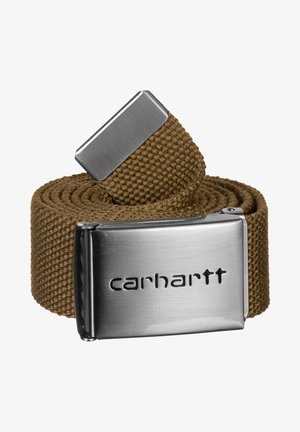 Brown woven fabric belt with a rectangular silver metal buckle engraved with "carhartt." Textured surface, durable design, and practical clasp.