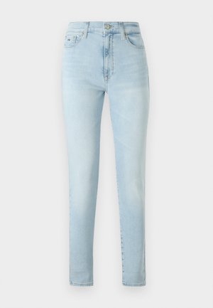 Lichtblauwe denim jeans met een slim fit, rechte pijpen, vijf zakken, sluiting met een knoop en subtiele vervaging voor een versleten uitstraling.