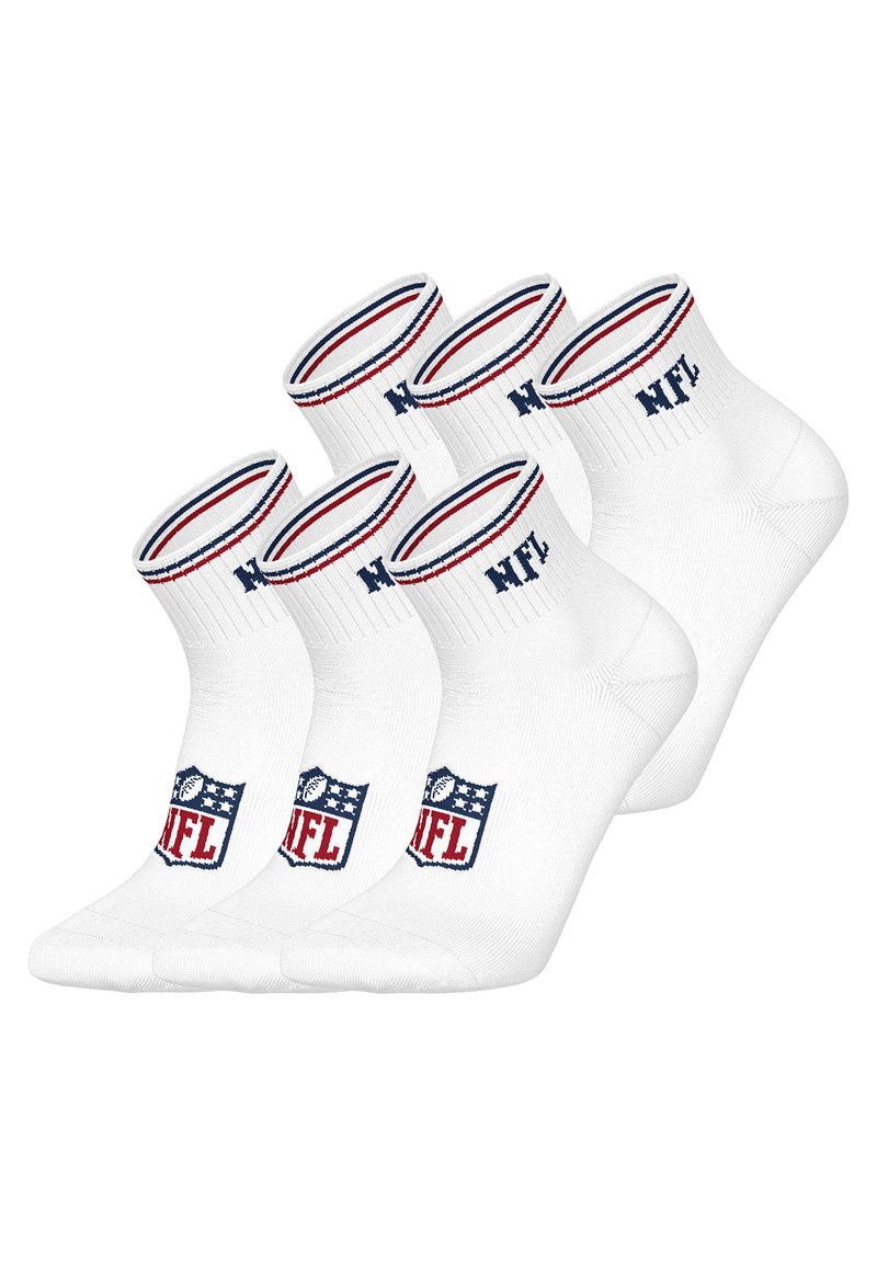 Four pairs of white cotton ankle socks featuring ribbed cuffs with red and blue stripes and an NFL logo design on each sock.