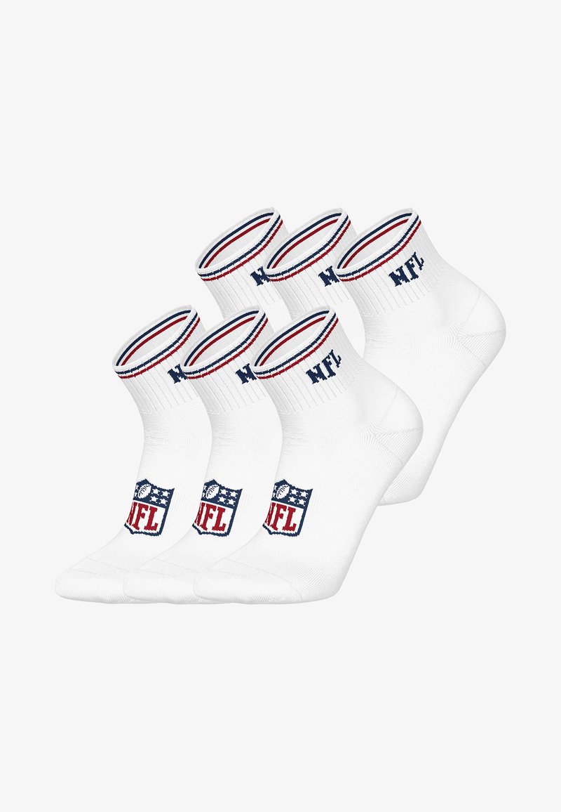 Four pairs of white cotton ankle socks featuring ribbed cuffs with red and blue stripes and an NFL logo design on each sock.