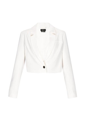 Blazer bianco corto da donna con maniche lunghe, chiusura con un unico bottone nero e colletto con rever a incavo.