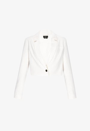 Blazer bianco corto da donna con maniche lunghe, chiusura con un unico bottone nero e colletto con rever a incavo.