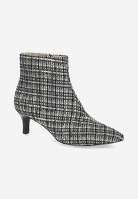 Texturierte Stiefeletten in Schwarz, Weiß und grauem Tweed mit spitzem Zeh und einem 5 cm hohen Kittenheel. Sie verfügen über einen seitlichen Reißverschluss zur Verschluss.