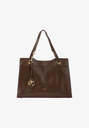 Bruine leren handtas met geometrisch ontwerp, gouden hardware accenten, dubbele schouderbanden en een afneembare logo hanger.