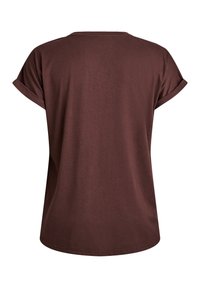 Braunes T-Shirt mit kurzen Ärmeln, entspanntem Schnitt, rundem Halsausschnitt und umgeschlagenen Manschetten. Hergestellt aus weichem, strukturiertem Stoff mit glatter Oberfläche.