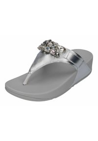 Zilveren flip-flop sandaal met een gestructureerde grijze zool. Bevat een versierde teenpost met verschillende sprankelende stenen. Glad metallic bovenwerk ontwerp.