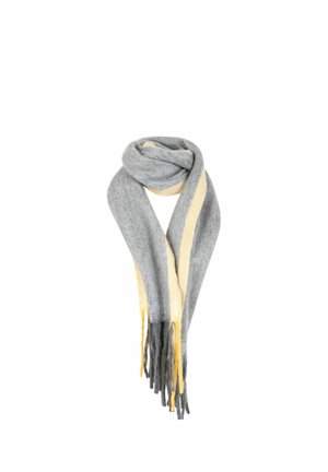 Écharpe en laine douce gris avec une rayure verticale jaune pâle et des extrémités à franges, pliée en un nœud lâche.