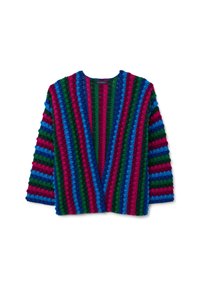 Cardigan de punto con escote en V, rayas llamativas en verde, azul, rosa y rojo, con un acabado texturizado y mangas de tres cuartos.