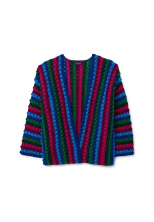 Gebreide cardigan met een V-hals, gedurfde strepen in groen, blauw, roze en rood, met een tekstuurafwerking en driekwartmouwen.