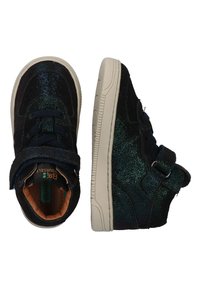 High-top sneakers made of black glittery material with blue accents, featuring a velcro strap and textured rubber sole.