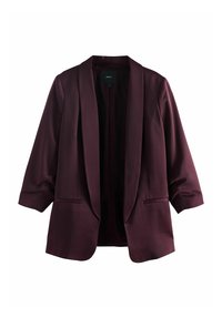 Tumši plūmju atvērts žakets ar garām piedurknēm un divām priekšējām kabatām, izlikts uz balta fona.