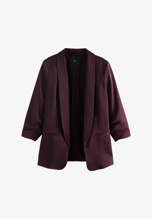 Dunkelpflaumenfarbener Blazer mit offenem Front, langen Ärmeln und zwei vorderen Eingrifftaschen, auf weißem Hintergrund präsentiert.